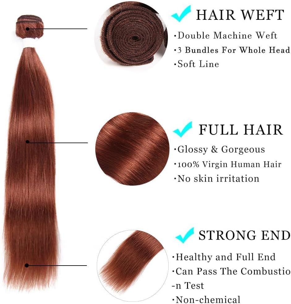Tuheerst Straight Human Hair Bundles 28 30 32 Inch #33 Reddish Brown Color Doubles Weft Weave 3 Bundles Total 150g Unprocessed Human Hair Extension For Women - Image 3