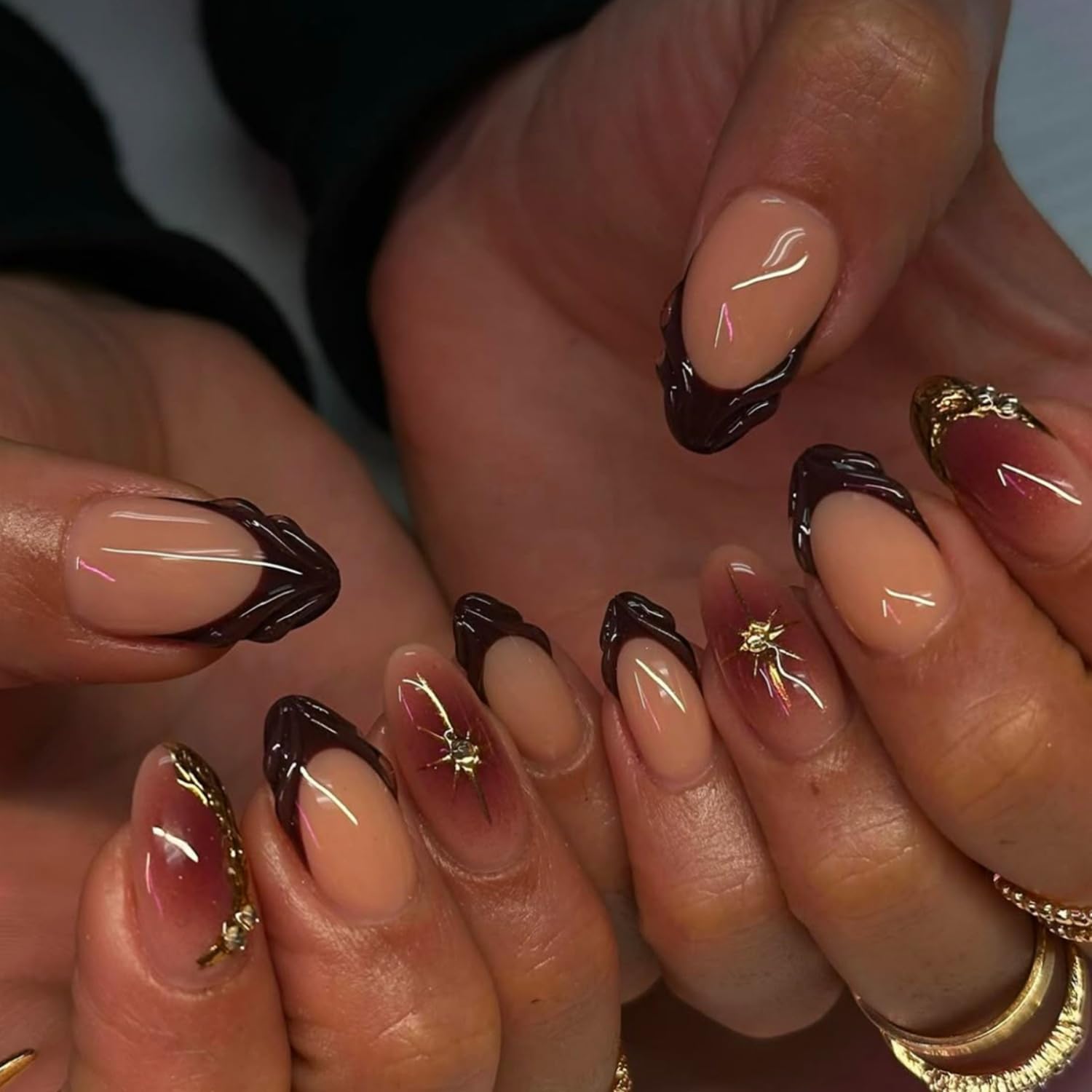 Medium Press on Nails Almond Brown French Tip Fake Nails with 3D Gold Chrome Designs Full Cover Stick on Nails Artificial False Nails for Women 24 Pcs