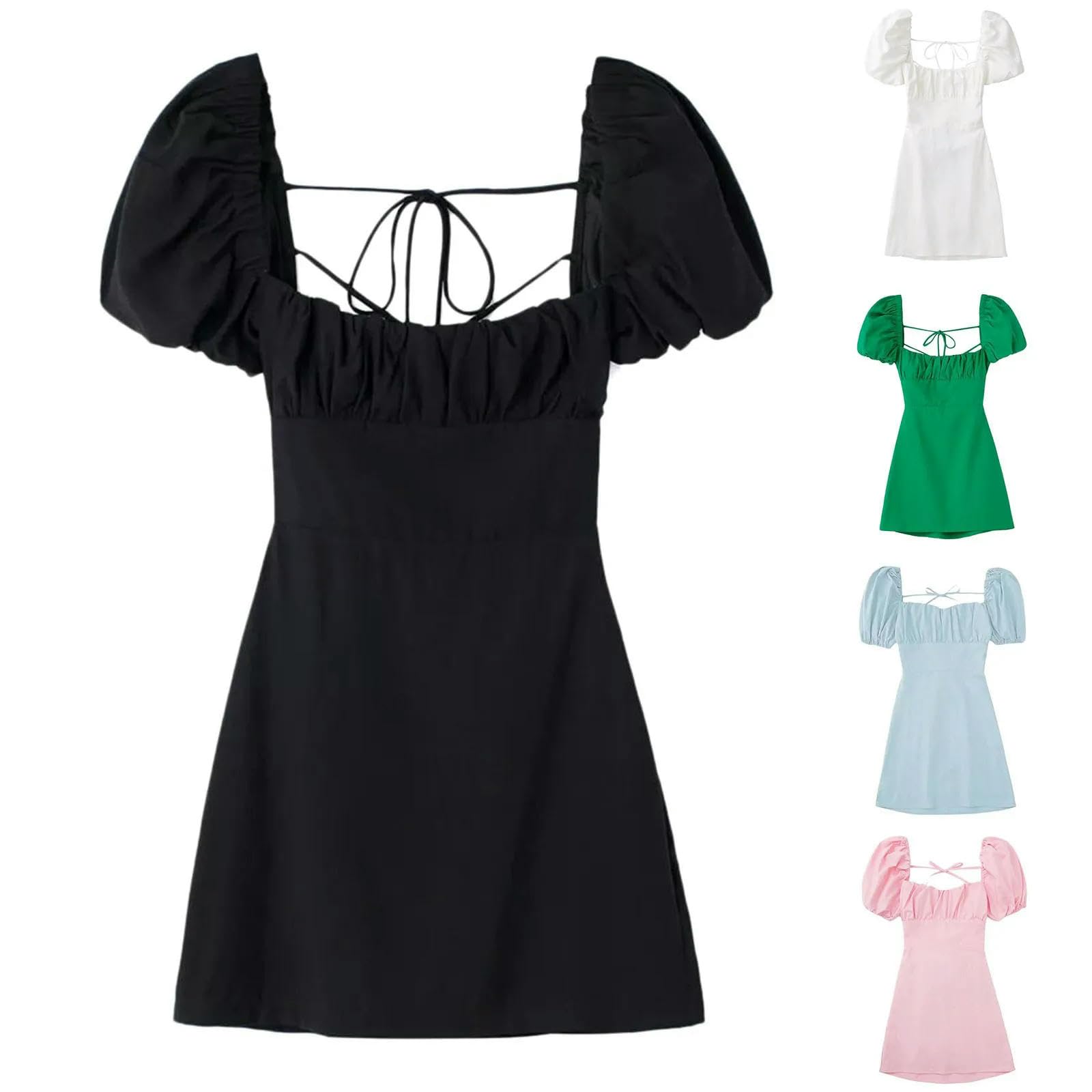 Vestidos de Mujer Manga de Cuello Cuadrado Moda de Verano Vestido Plisado Encogido en el Pecho sin Tirantes