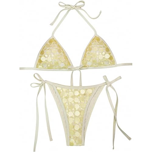 MakeMeChic Women's Summer Sequin String Bikini Sets Triangle Halter Cheeky Beach Vacation Bathing Suits