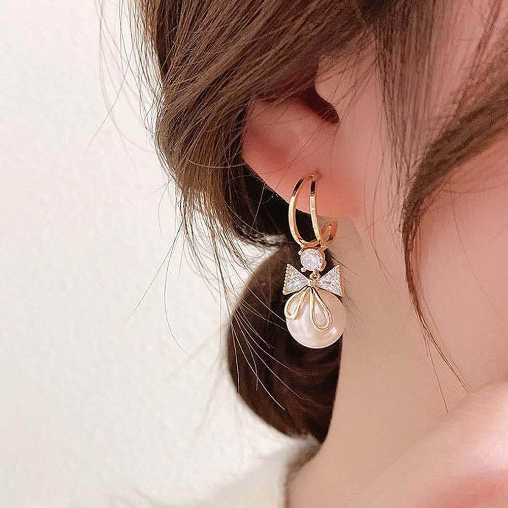 Dainty Bow Pearl Dangle Earrings for Women,18K Gold Cubic Zirconia Bowknot Drop Earrings,Aesthetic Anniversary Jewelry Gift - Image 6