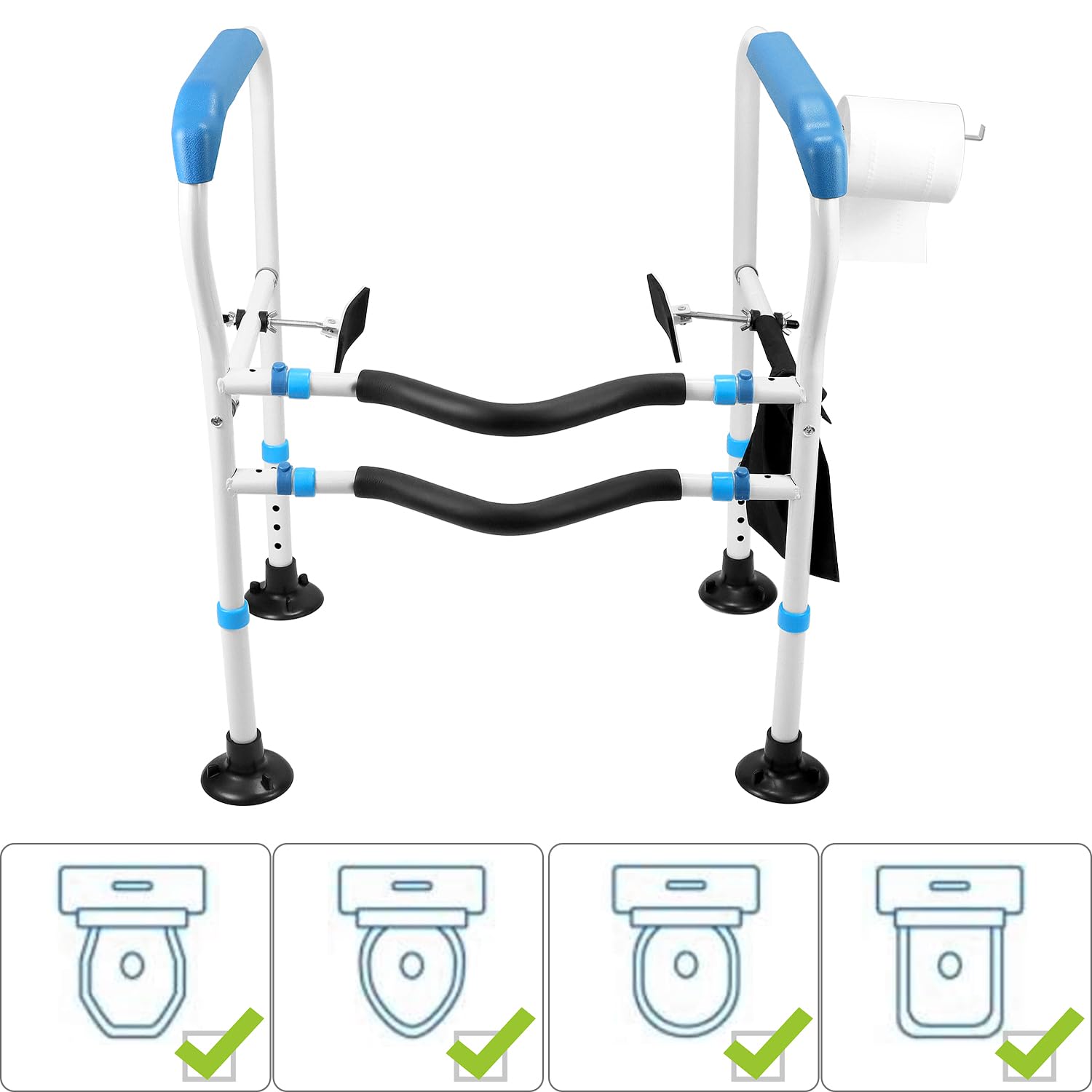 QWORK® Ausilio per il sollevamento della toilette - Maniglione ergonomico, Altezza regolabili (64-74cm) e larghezza regolabili, Piedini a ventosa rinforzati
