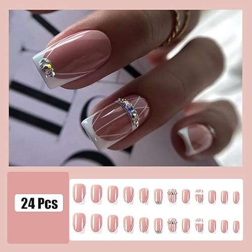 Miniatura 2 de 24 uñas postizas de punta francesa a presión, cuadradas, medianas, uñas blancas con purpurina, diseño de diamantes de imitación, uñas postizas de