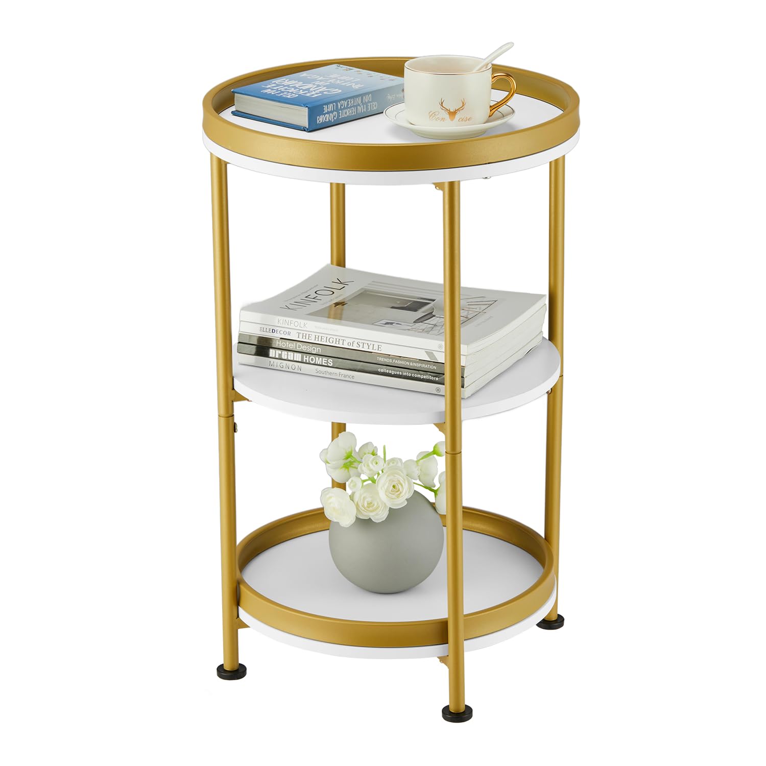 YEAKOO Nordic End Table, 3-Tier Round Side Table with Storage Shelf Edge Protection Tray, Sturdy Metal Frame Coffee Table Bedside Table for Living Room Bedroom Small Spaces, White & Gold โ image 1