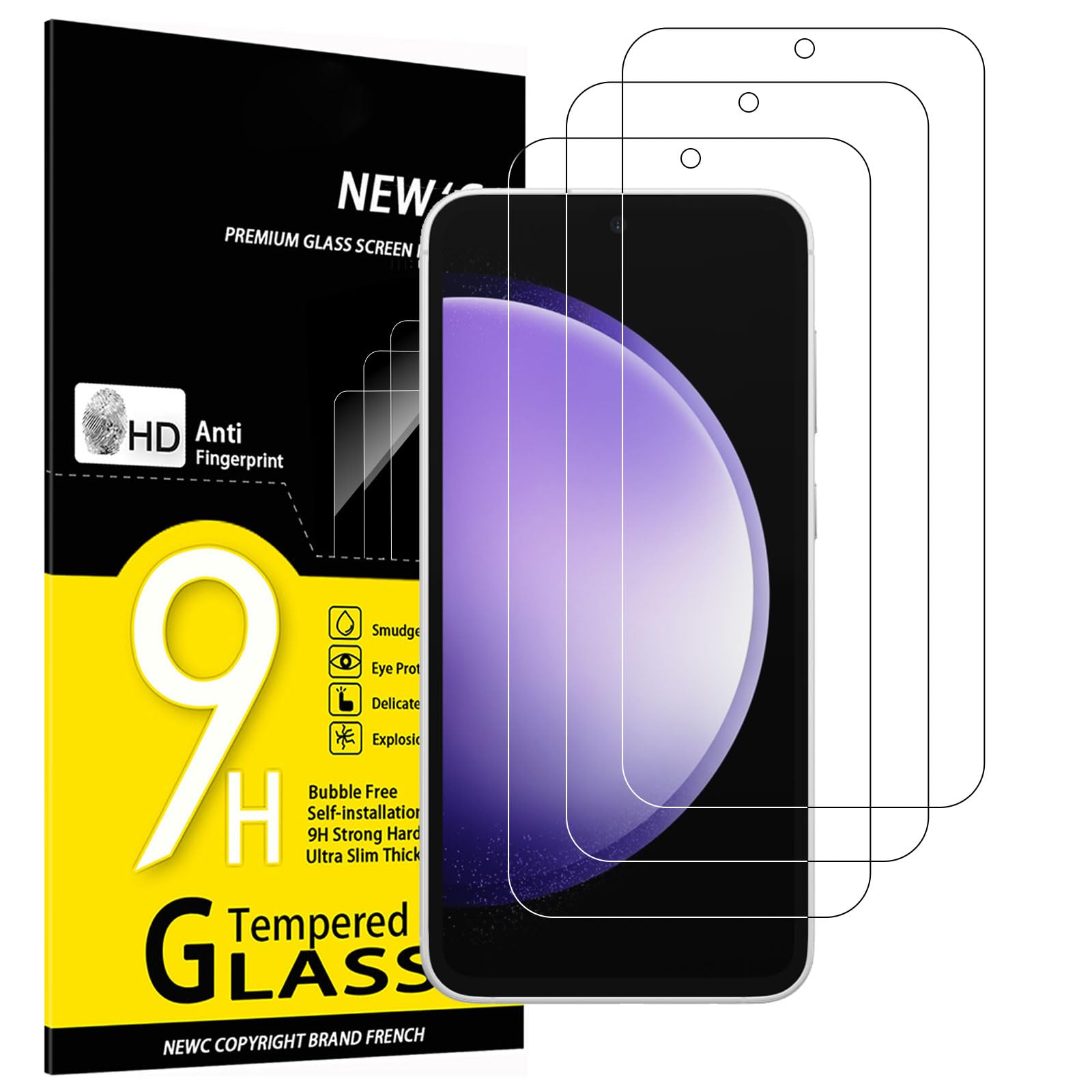 NEW'C 3-Piece Glass Film Compatible with Samsung Galaxy S23 FE 5G Tempered Glass Screen Protector Film No Floating,Super Durable 9H Hardness,Bubble Free