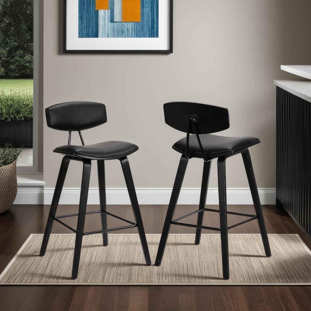 Armen Living Fox 28.5" Bar Height Black Faux Leather and Black Wood Mid-Century Modern Bar Stool