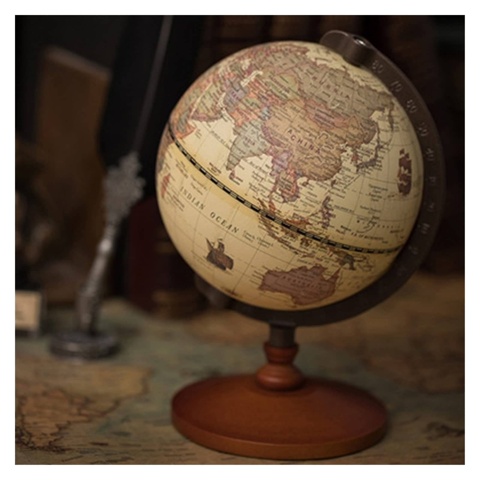 TOMYEUS globes Wooden Globe Retro Vintage Home Decoration Desk Toy World Map Geography Home Furnishing Ornaments Crafts Figurines Geographic Globes (Color : A)