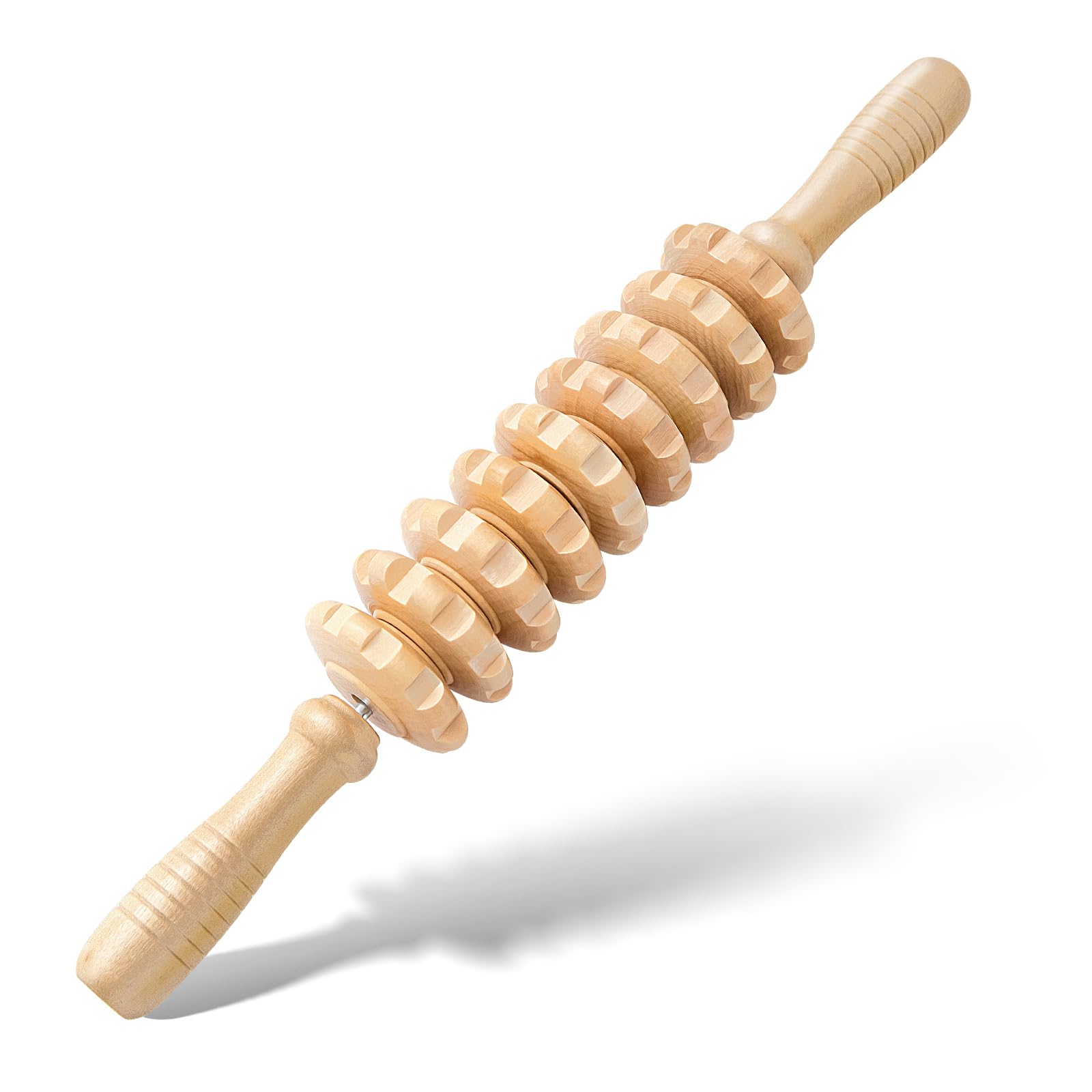 Wooden Cellulite Muscle Roller for Legs and Thighs - Handheld Fascia Blaster Tool for Muscle Relief, Lymphatic Drainage &amp; Body Sculpting - Anti Cellulite Massager for Women and Men (9 Wheel)