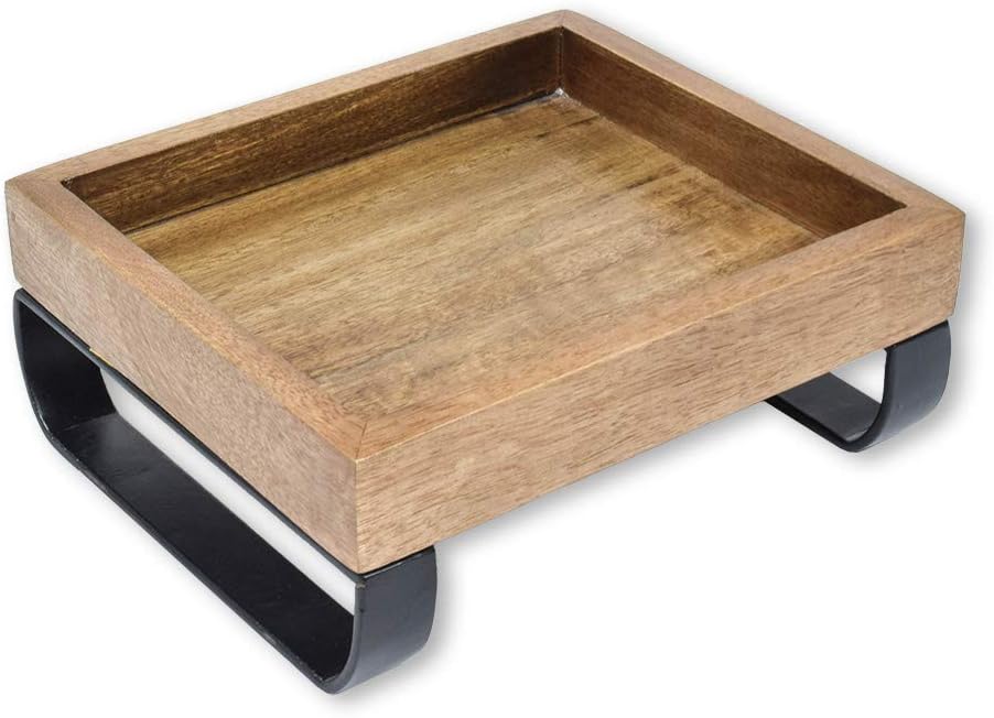 BRICK BROWN Premium Square Wooden Tray/Platter/Decor with Black Metal Stand, (7x6x2.8 Inch)