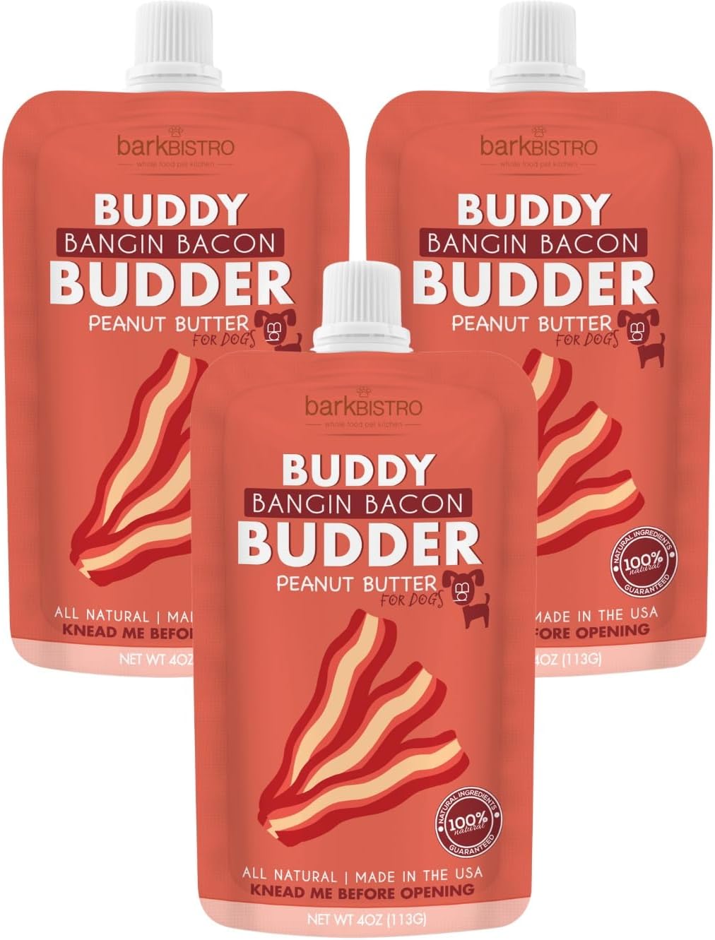 BUDDY BUDDER Bangin Bacon Peanut Butter for Canine, 3 Pack, 4oz Squeeze Packs