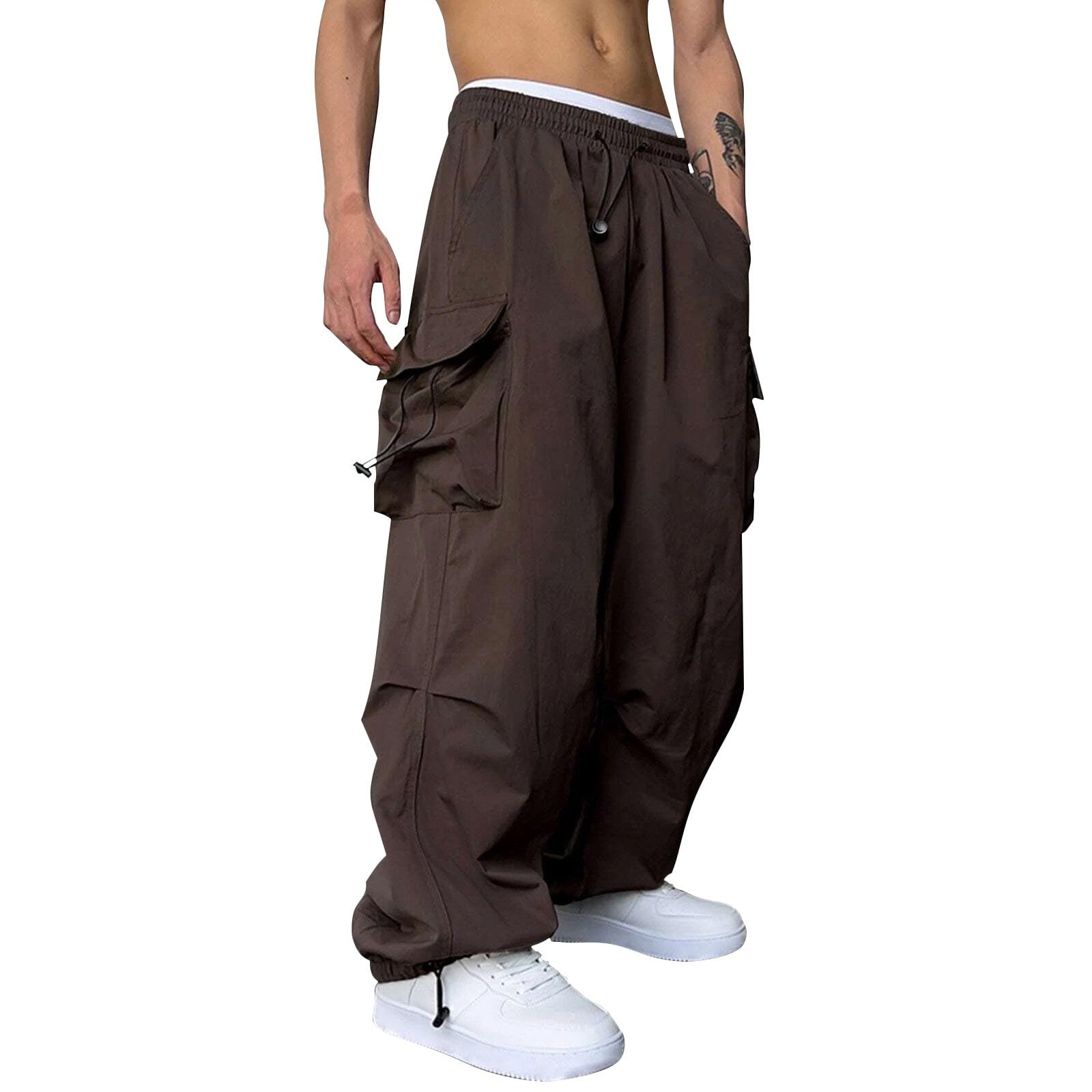 BUKKNYE Men's Baggy Cargo Pants Drawstring Elastic Waist Casual Parachute Pants Loose Fit Hip Hop Hiking Trousers Streetwear(Coffee,M)