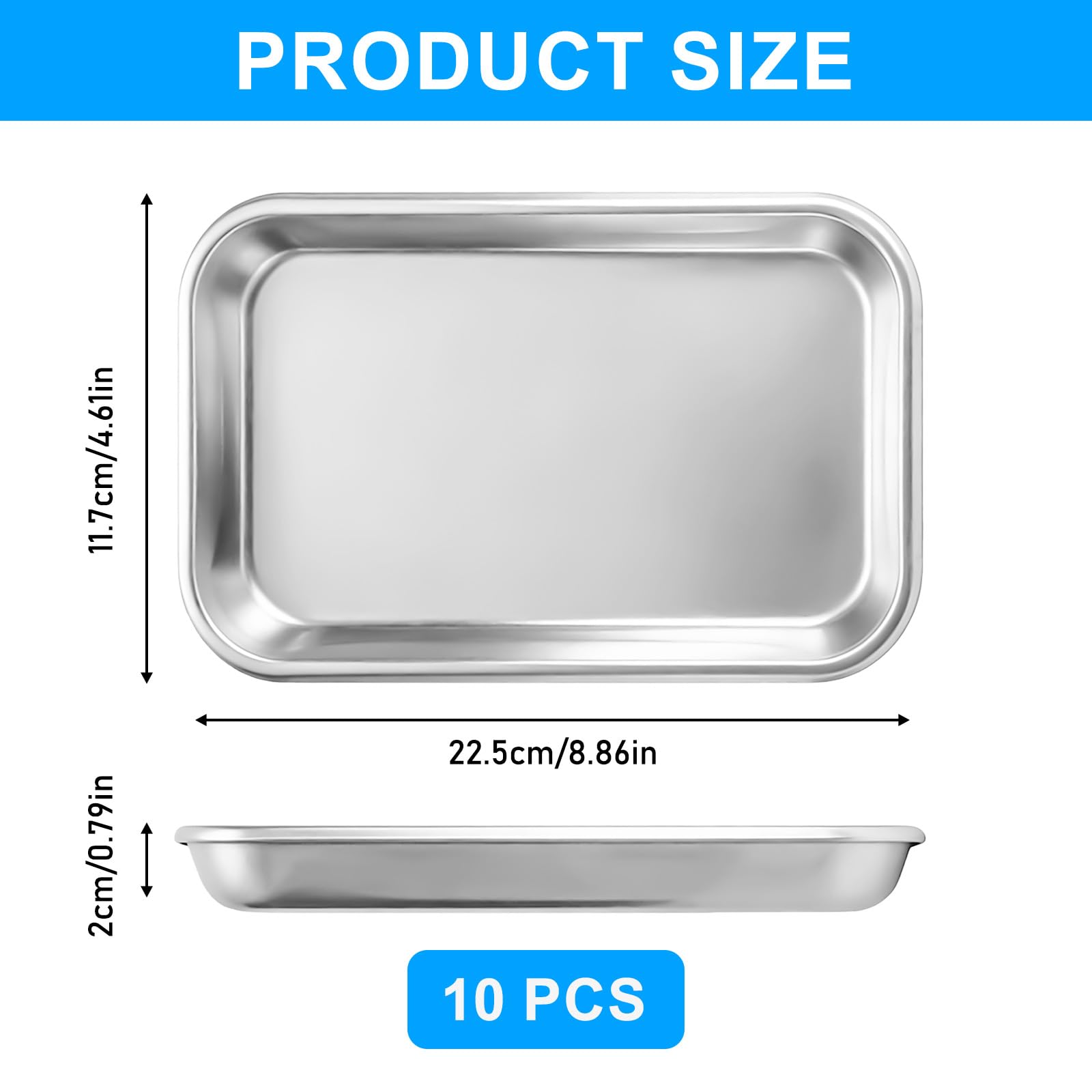 Lot de 10 plateaux rectangulaires en acier inoxydable - 22,5 x 11,7 x 2 cm - Plateau de laboratoire en acier inoxydable - Petits plateaux de service pour laboratoire - Plateau de service dentaire