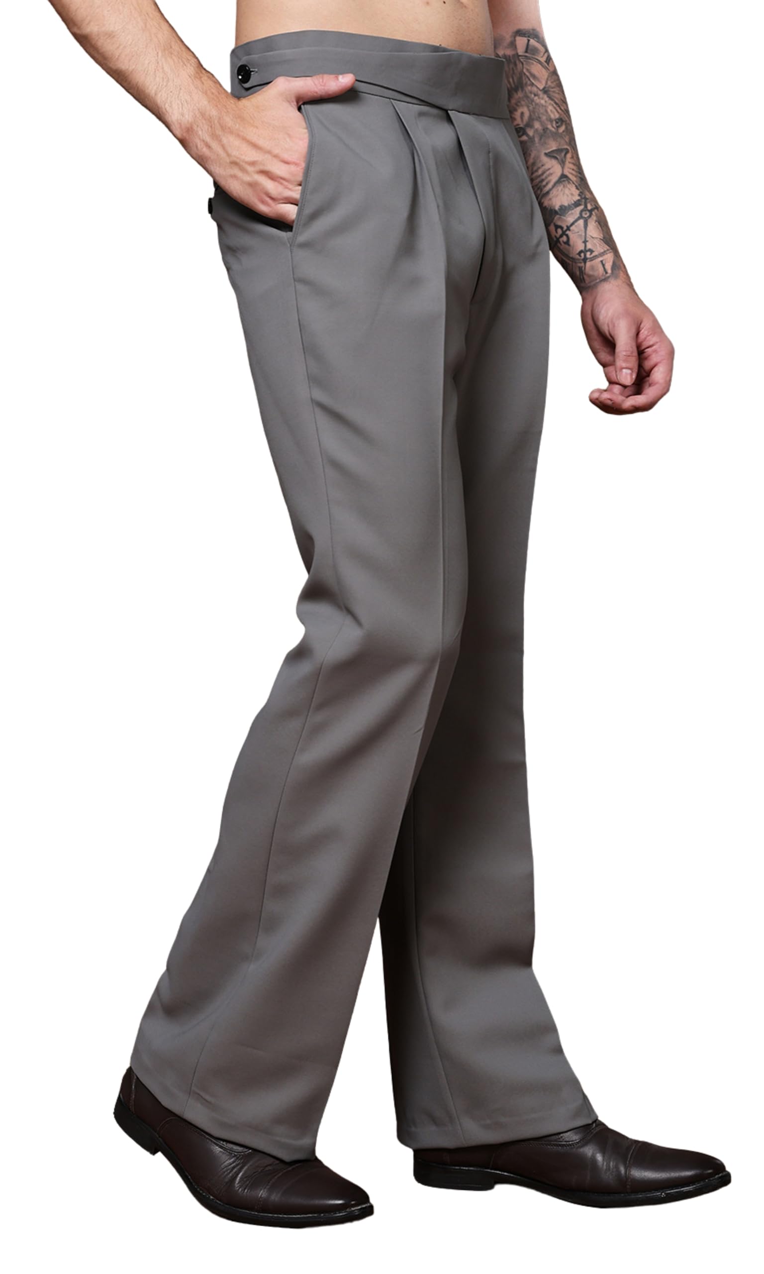 vastranu Mens Beige Gurkha Pants with Classic Button Closure Premium Casual Bell Bottom Trousers for Men High Waist Pleated Formal & Casual Wear Pant Stylish Retro Flared Bottom Pant-picture-27