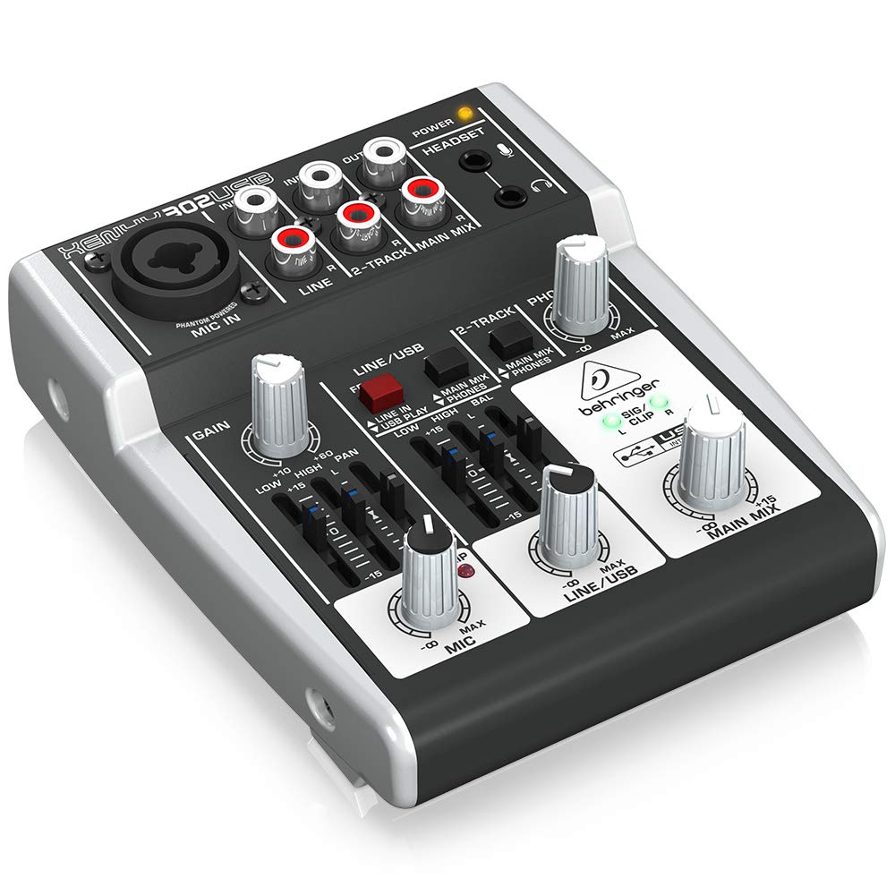 Behringer 302USB Mixer premium a 5 ingressi con preamplificatore microfonico XENYX e interfaccia USB/audio & Cavo da microfono a mixer Stagg SMC6 da 6 metri XLR (m) -XLR (f), nero