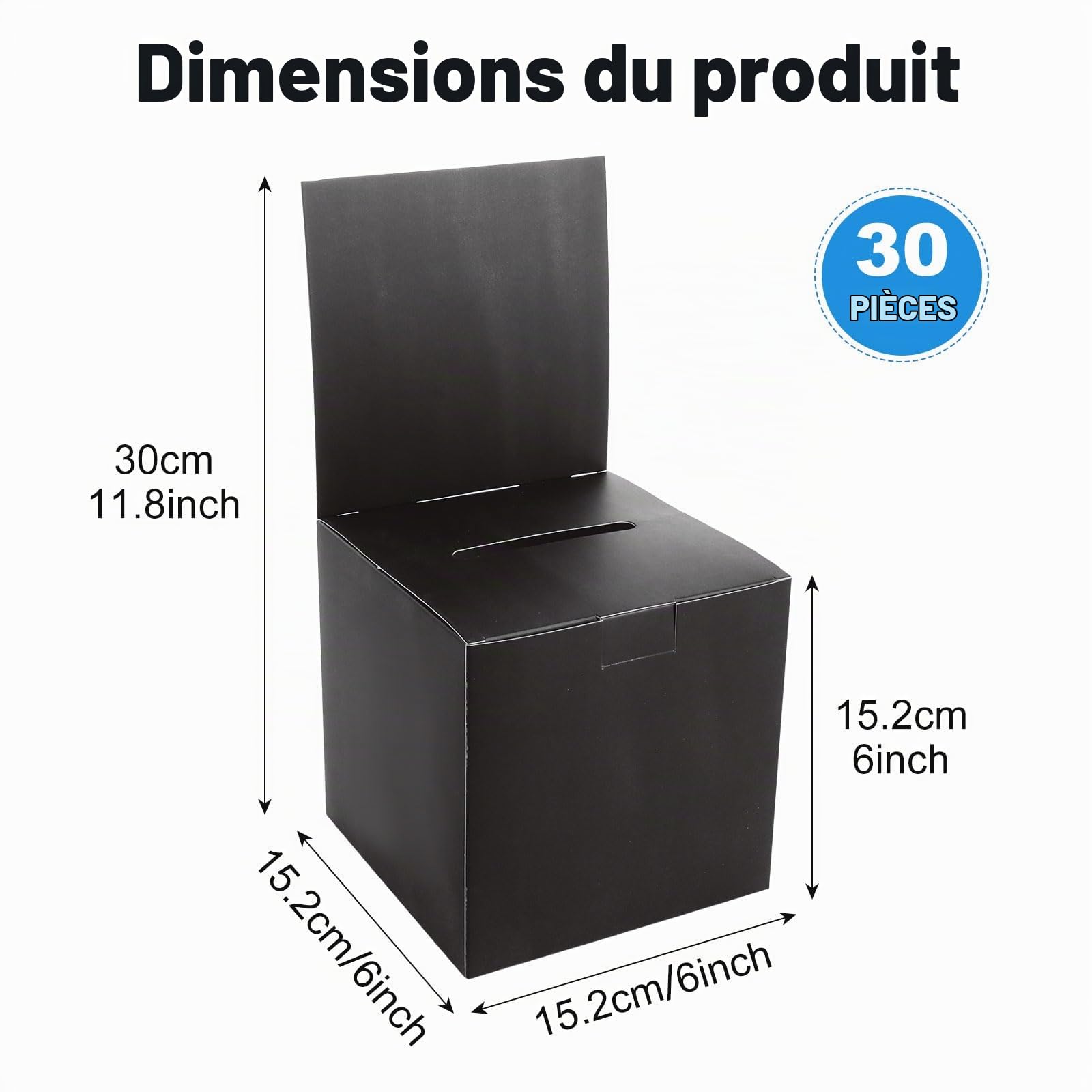 Lot de 30 urnes en carton avec fente et en-tête amovible - Boîte à suggestions - Pour vote caritatif, recueil de commentaires - Collecte de fonds - Noir