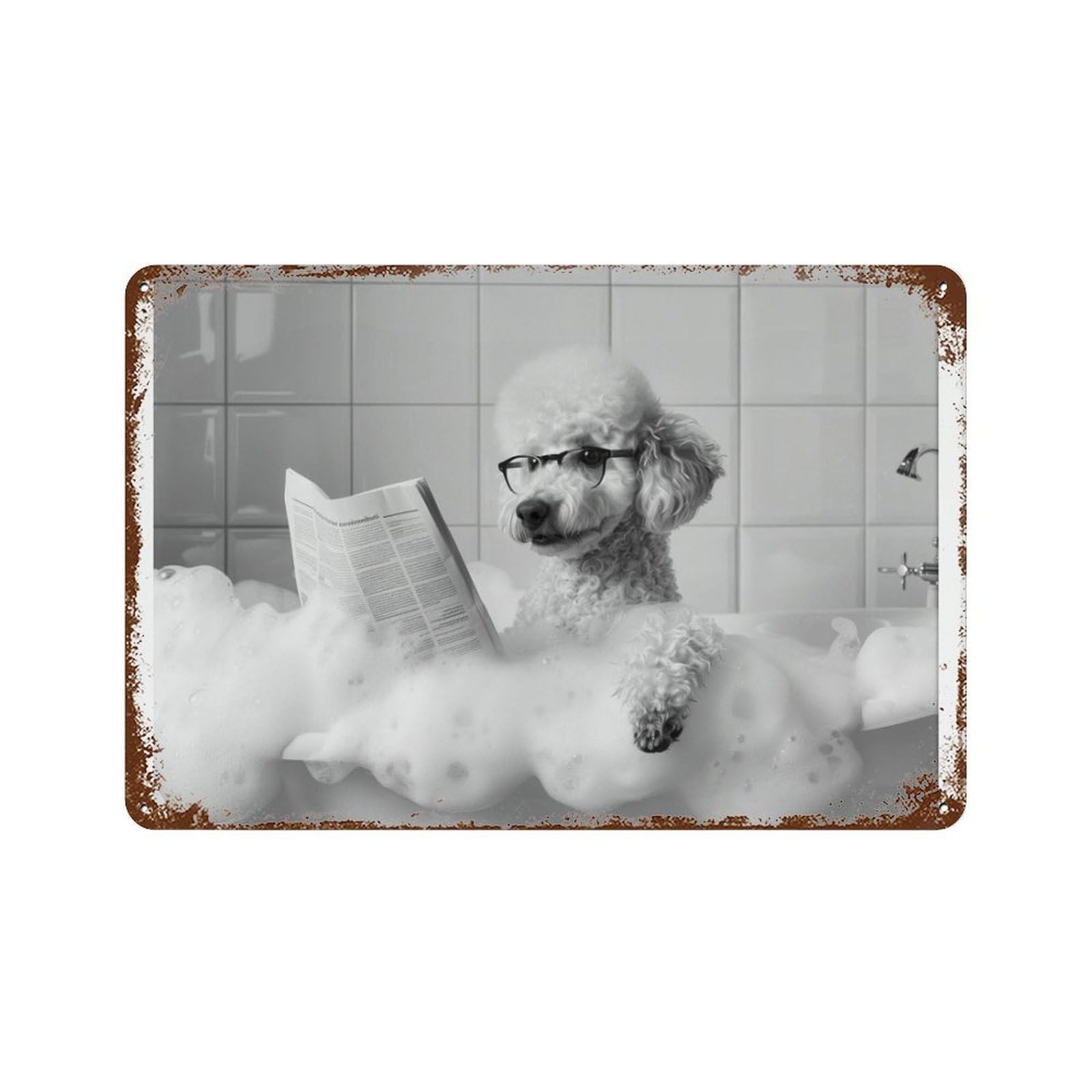 xiaoxiaoshen Poodle in Bathtub Dog Reading Newspaper, Funny Bathroom Decor Wall Decor Art Metal Tin Poster Modern Home Decor Art Home Bar Shop Decorations Vintage Sign 20x30cm