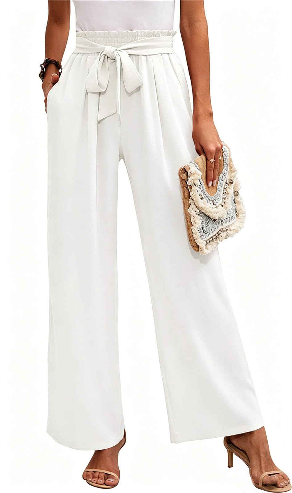 MorFansi Damen Weite Bein Hose Hohe Taille Leichte Sommerhose Einfarbig Lose Verstellbare Freizeithose mit Taschen