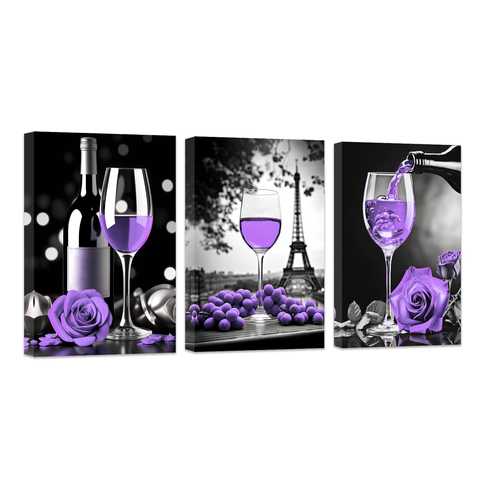 DOARTDO 3 Piece Wine Wall Art Black and White With Purple Kitchen Painting Wine Rose Prints Eiffel Tower Canvas Pictures Dining Room Home Decor (