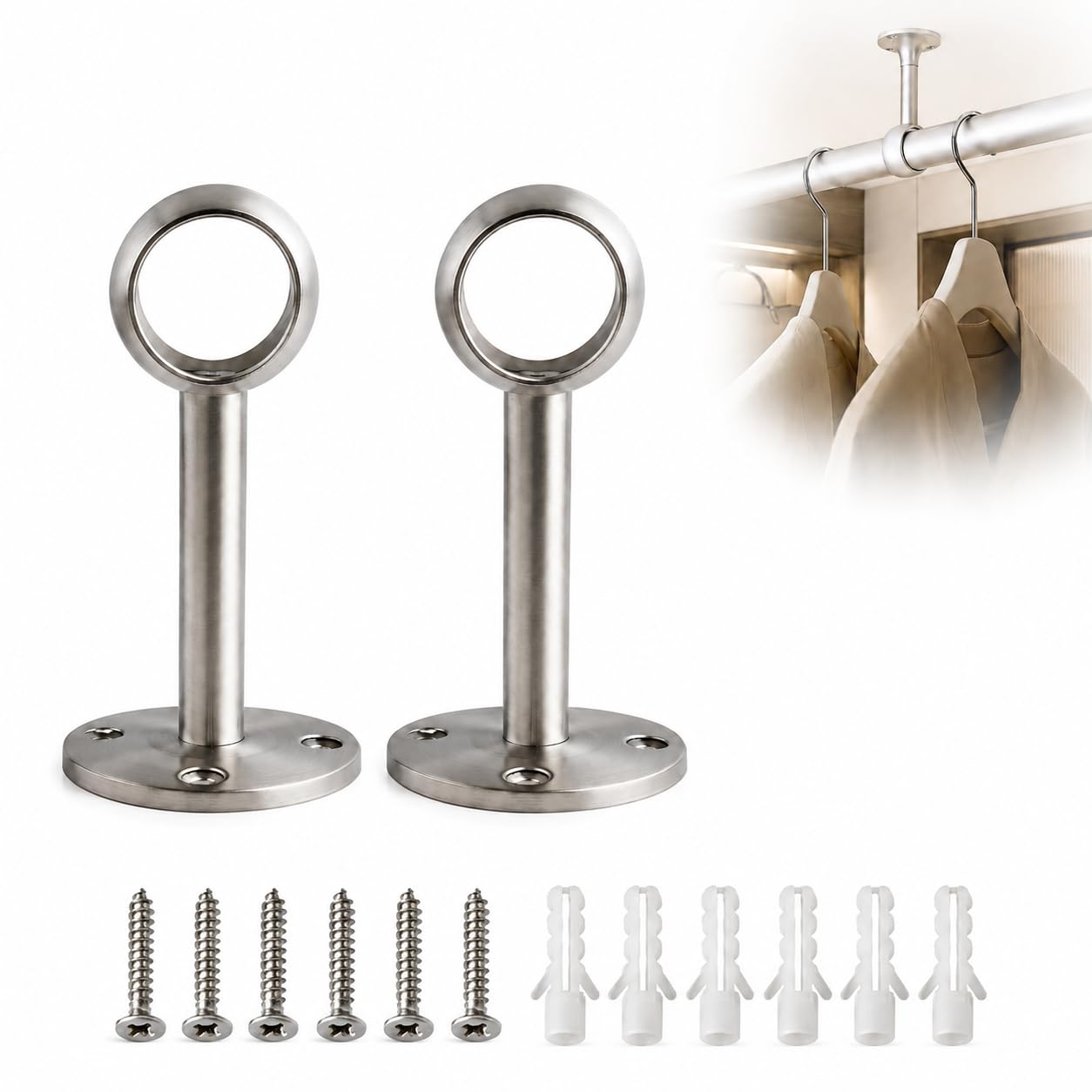 GUGUGO 19mm Curtain Pole Ceiling Brackets, Stainless Steel, Silver, 2 Pack