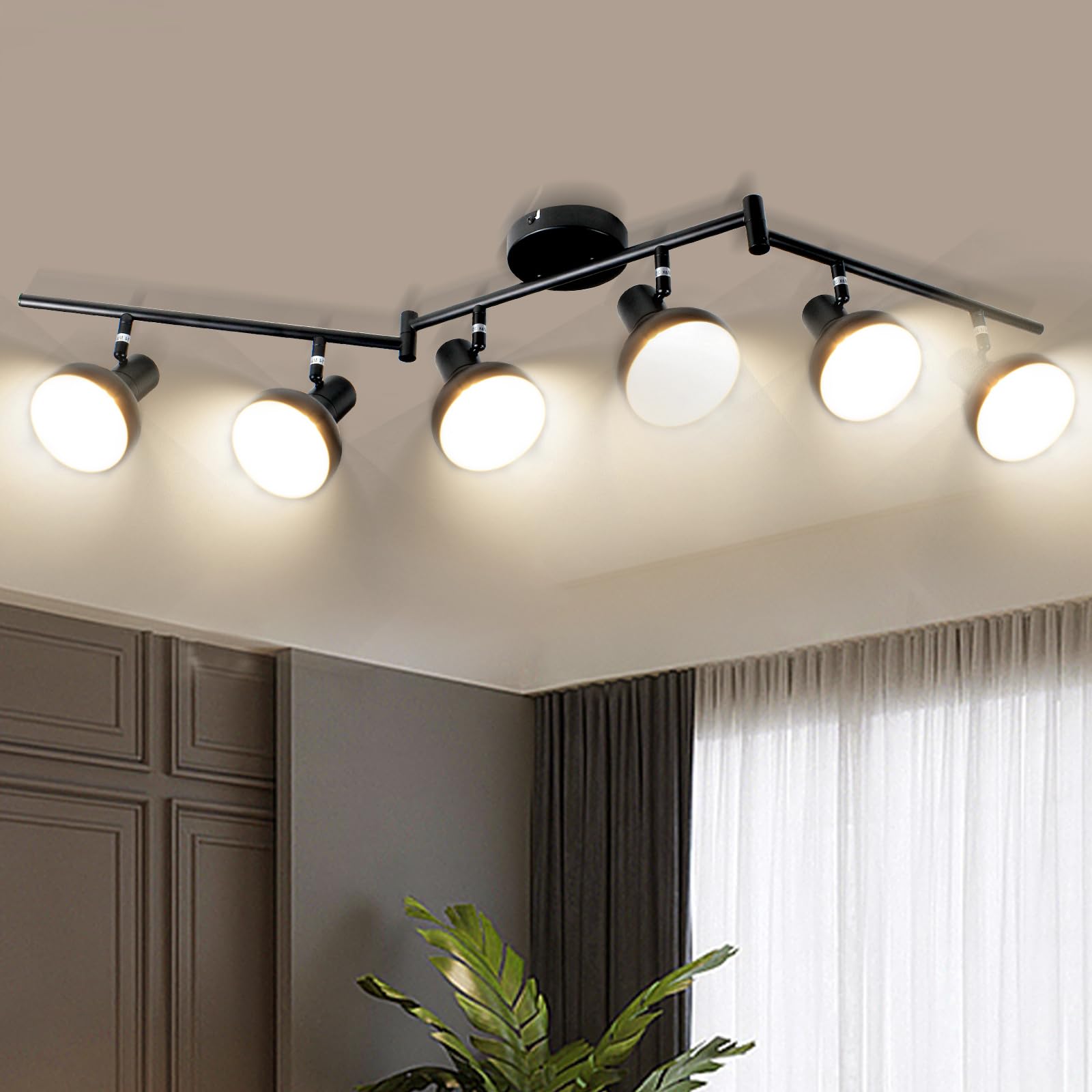 Unikcst Deckenstrahler 6-flammig Deckenlampe E14 Schwarz Schwenkbar 350° | Moderne Metall Spotleuchte mit drehbaren Köpfen für Küche Wohnzimmer Schlafzimmer, Deckenspot ohne Leuchtmittel