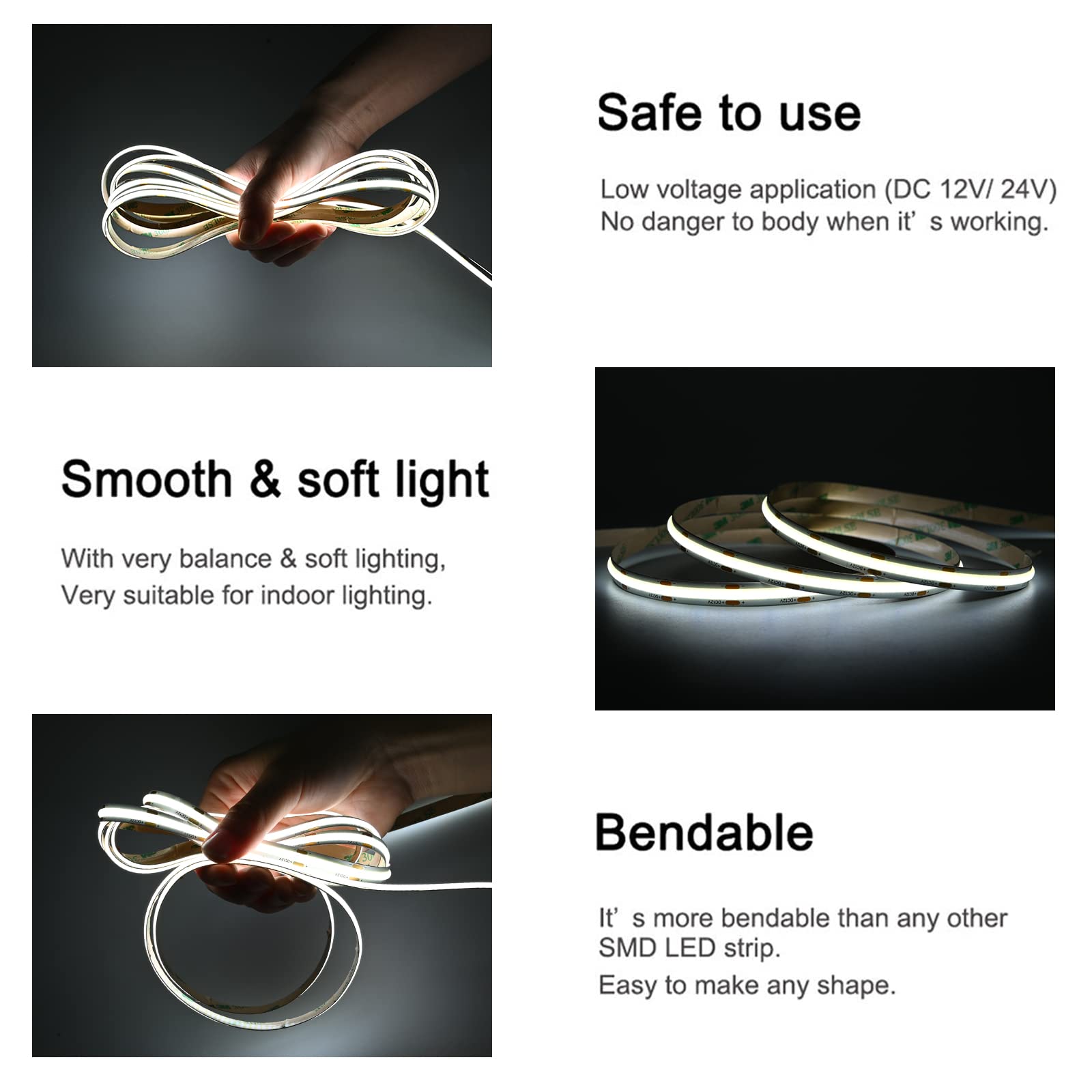 COB LED tira luces DC 12V LED luces flexibles súper brillantes tiras de LED,16.4ft 6500K blanco,CRI 90+,2400LEDs luz uniforme de alta densidad para dormitorio decoración de la habitación del