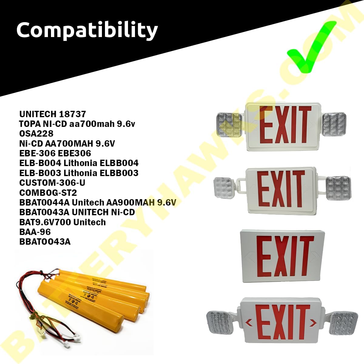 BBAT0043A Unitech BAT9.6V700 AA900MAH 9.6V ELB-B003 Lithonia ELB-B004 9.6v 900mAh Ni-CD Battery Pack Replacement for Exit Sign Emergency Light Fire Batteryhawk, LLC (12 Pack, 12, Count)