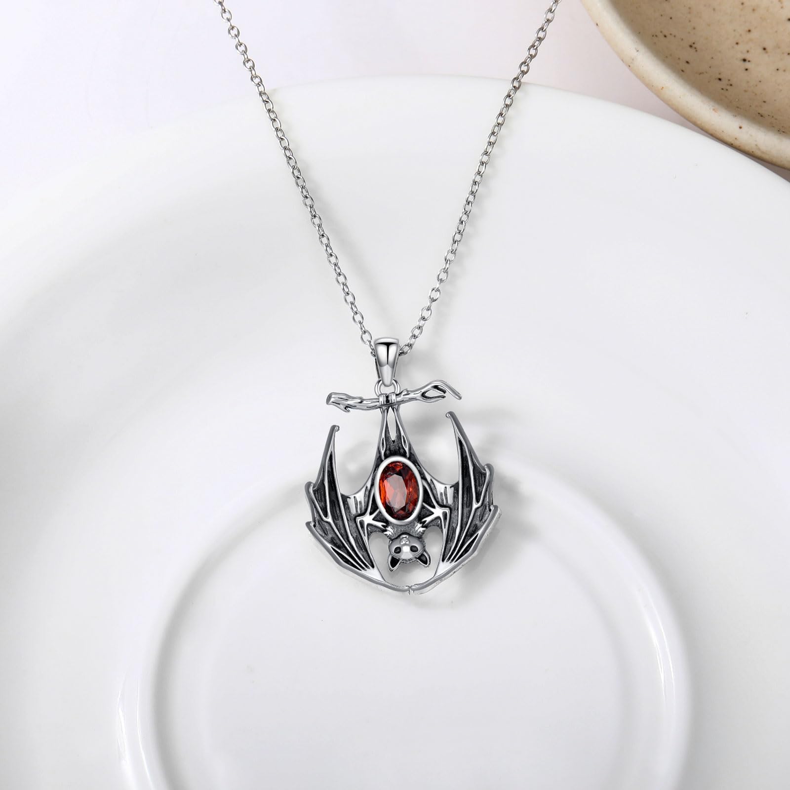 BETHZA Bat Necklace 925 Sterling Silver Natural Red Garnet Halloween Gothic Bat Pendant Animal Jewelry for Women