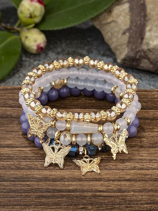 Miniatura 2 de 4pcs Butterfly Bohemian Beaded Stackable Stretch Bracelet Set Elastic Colorful Charm Multi-Layer Butterfly Crystal Stone Stretch Bracelets