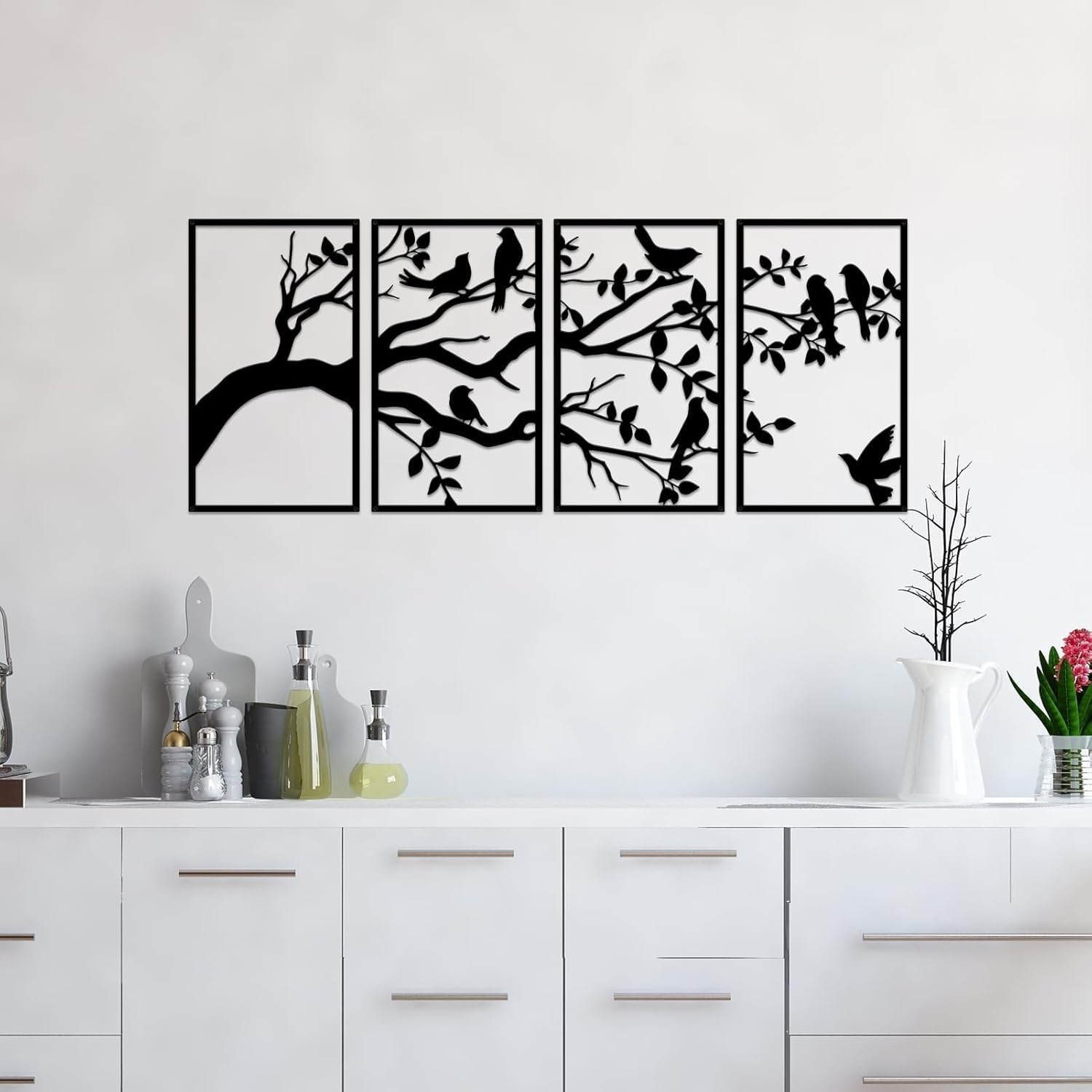 ruelen Wall Decor 4 Pieces Large Metal Birds and Branch Wall Art, Tree of Life Metal Wall Art, Black Leaves with Birds Silhouette Hanging Wall Sculpture For Indoor Home Bedroom Living Room Outdoor
