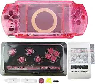 TPPT PSP1000 用交換シェルセット 改造 DIY 着せ替えケース 前面カバー／中間フレーム／背面カバー／ボタン一式／ネジセット付 PSP 1000/1001 対応 修理用パーツ (半透明ピンク)