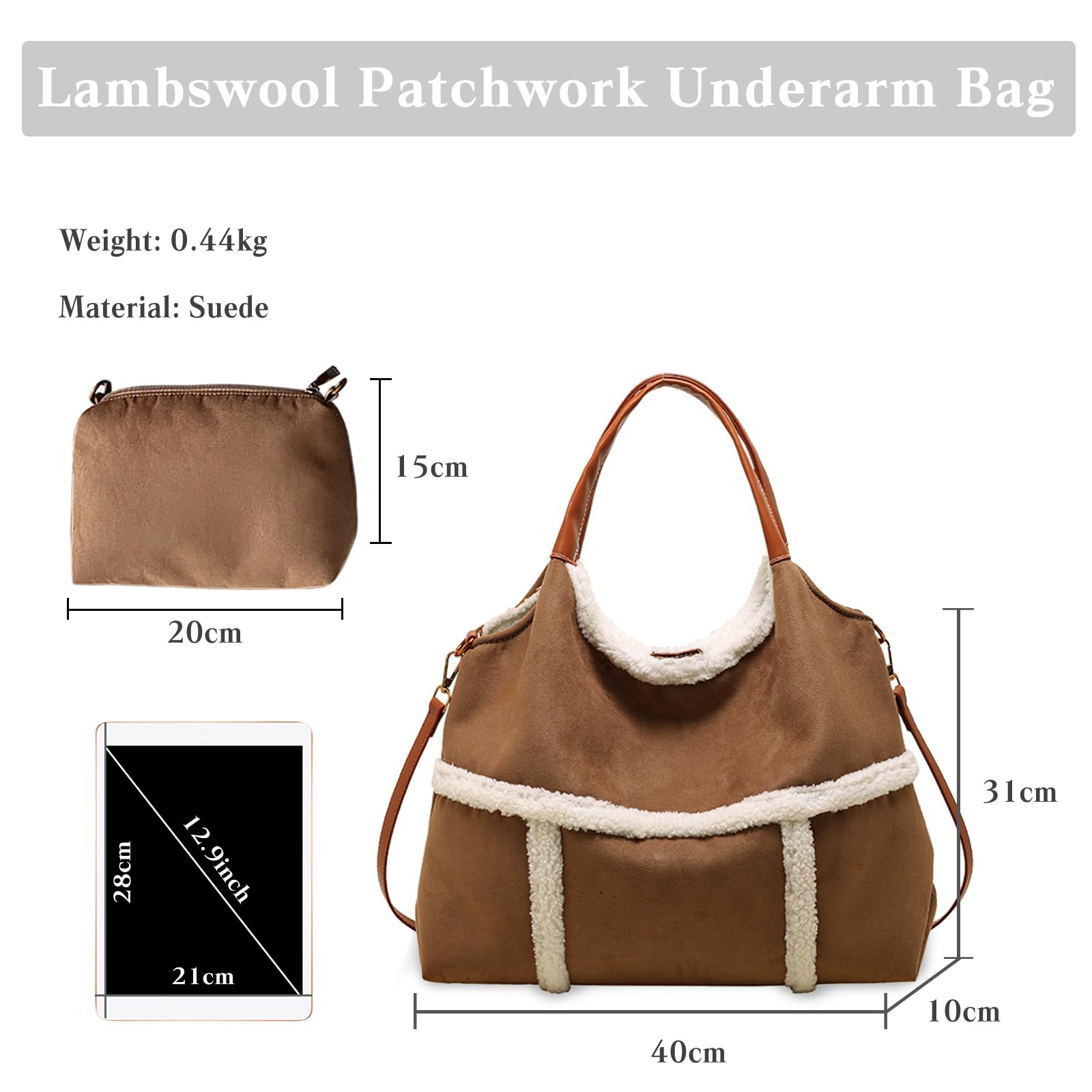 CORIOS Borsa a Mano in Lana di Agnello da Donna, Spalla in Pelle Scamosciata Grande, Tracolla Morbido Peluche, Tote Retro Messenger 2 Pezzi Marrone