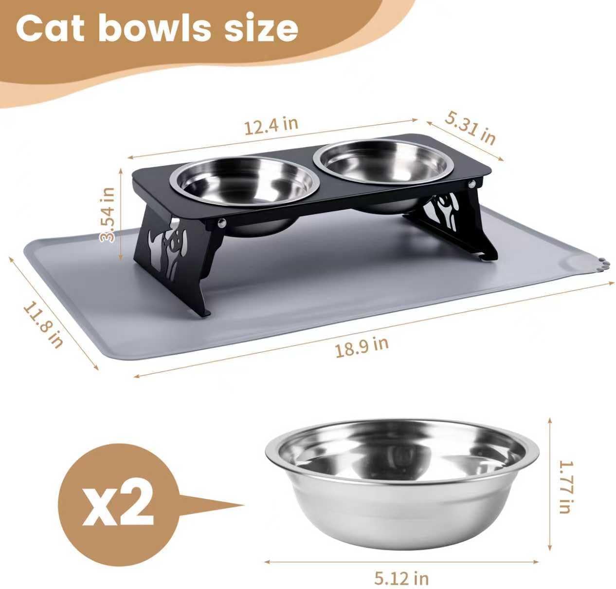 Elevated Cat Bowls with Food Mat,10° Tilted Anti-Vomiting Raised Cat Food Bowl for Small Cats and Puppies, Foldable 2 Stainless Steel Pet Bowl with Stand-Black