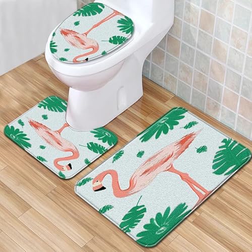 Bad Teppiche Set 3-Teiliges Rosa Grüne Blätter WC Vorleger Mit Ausschnitt Badematte Saugfähig WC Deckelbezug Badvorleger rutschfest Waschbar Toilettensitzbezug Badgarnitur (50x80cm)