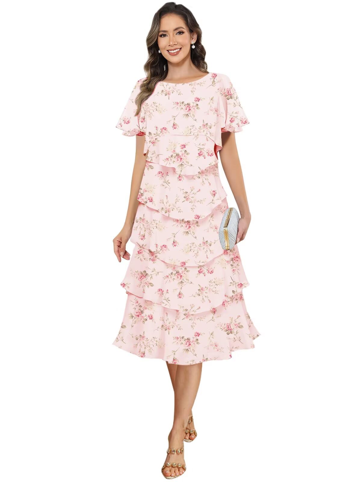 BOLENSYE Mother of The Bride Dresses for Women with Sleeves A Line Tiered Chiffon Tea Length Wedding Guest