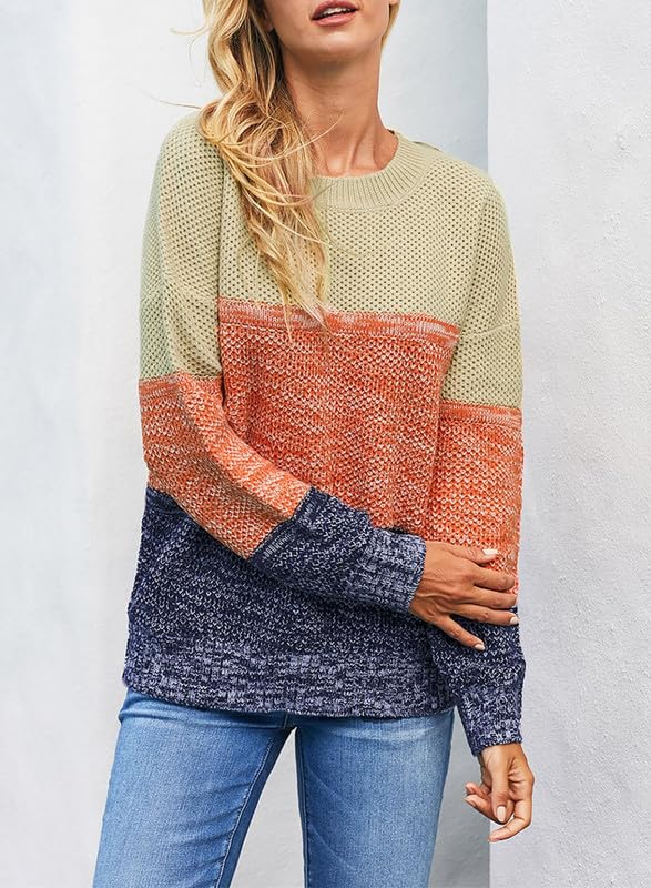 Image of Dokotoo Womens Color Block Sweaters Long Sleeve Pullover Knit Tops