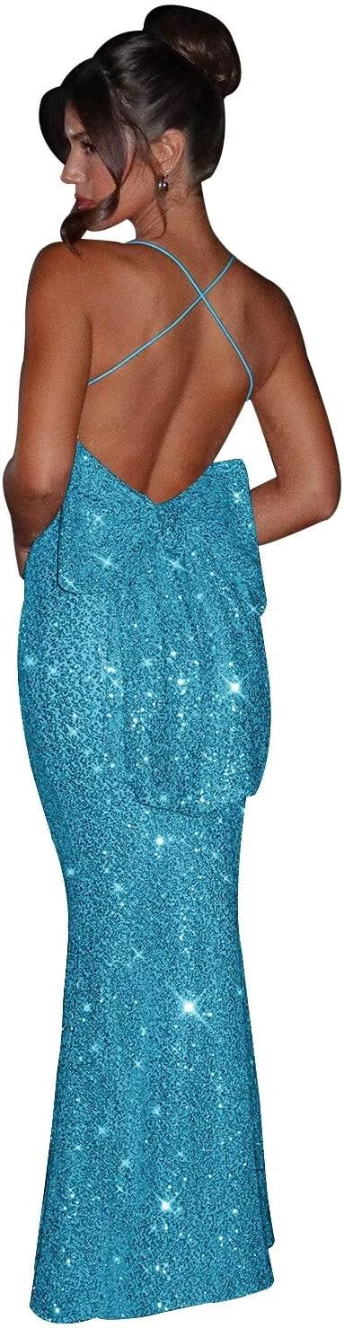 Women's Sparkly Sequin Long Prom Dresses with Bow Mermaid Spaghetti Straps Formal Evening Party Gowns