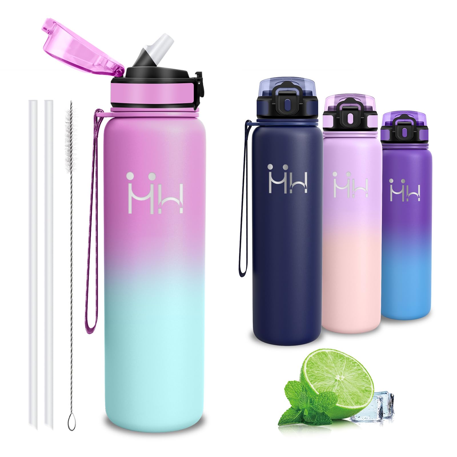 Stainless Steel Drinking Bottle 1L Water Bottle with Straw for Yoga Fitness