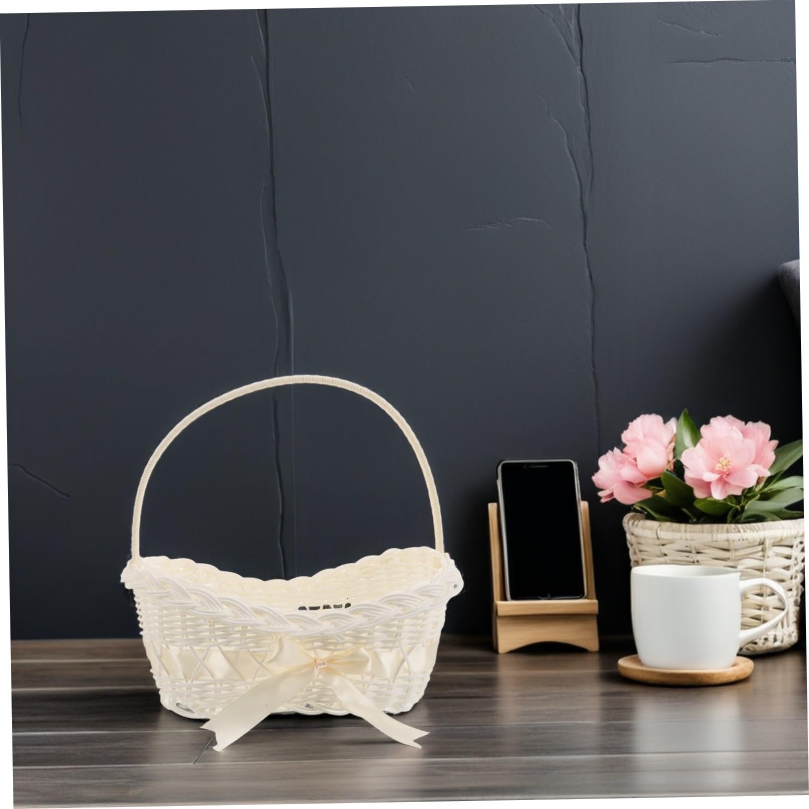 SHINEOFI Cesto Intrecciato in Materiale Simil Rattan per Fiori Cestino Portaoggetti con Manico Decorazione Elegante per Cerimonie e Matrimoni