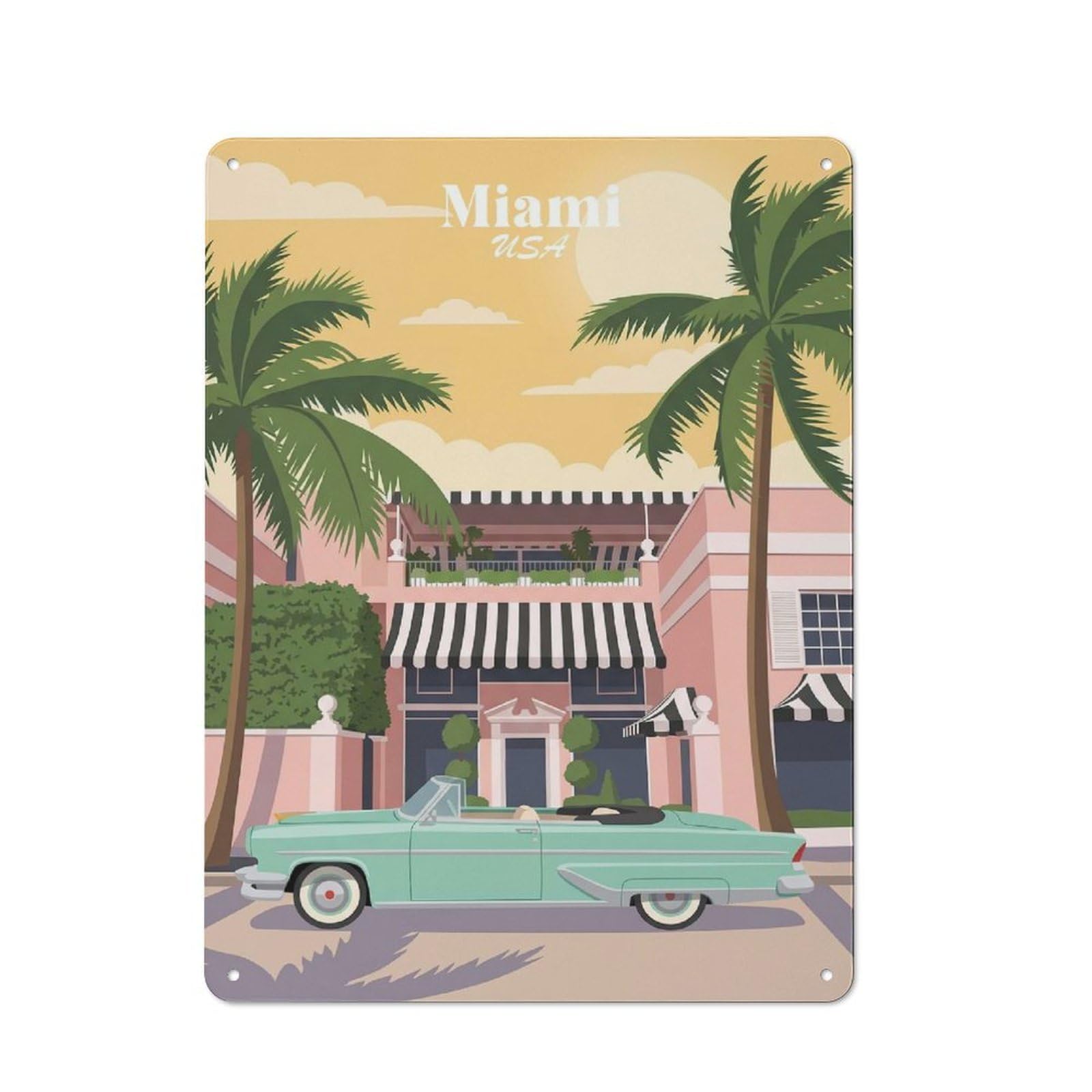 Junmoney Style-16 Miami Retro Convertible Printed Metal Sign 40X30cm For Workshop Wall, Suited To Metal Sign Collectors, For Retro Home Interiors