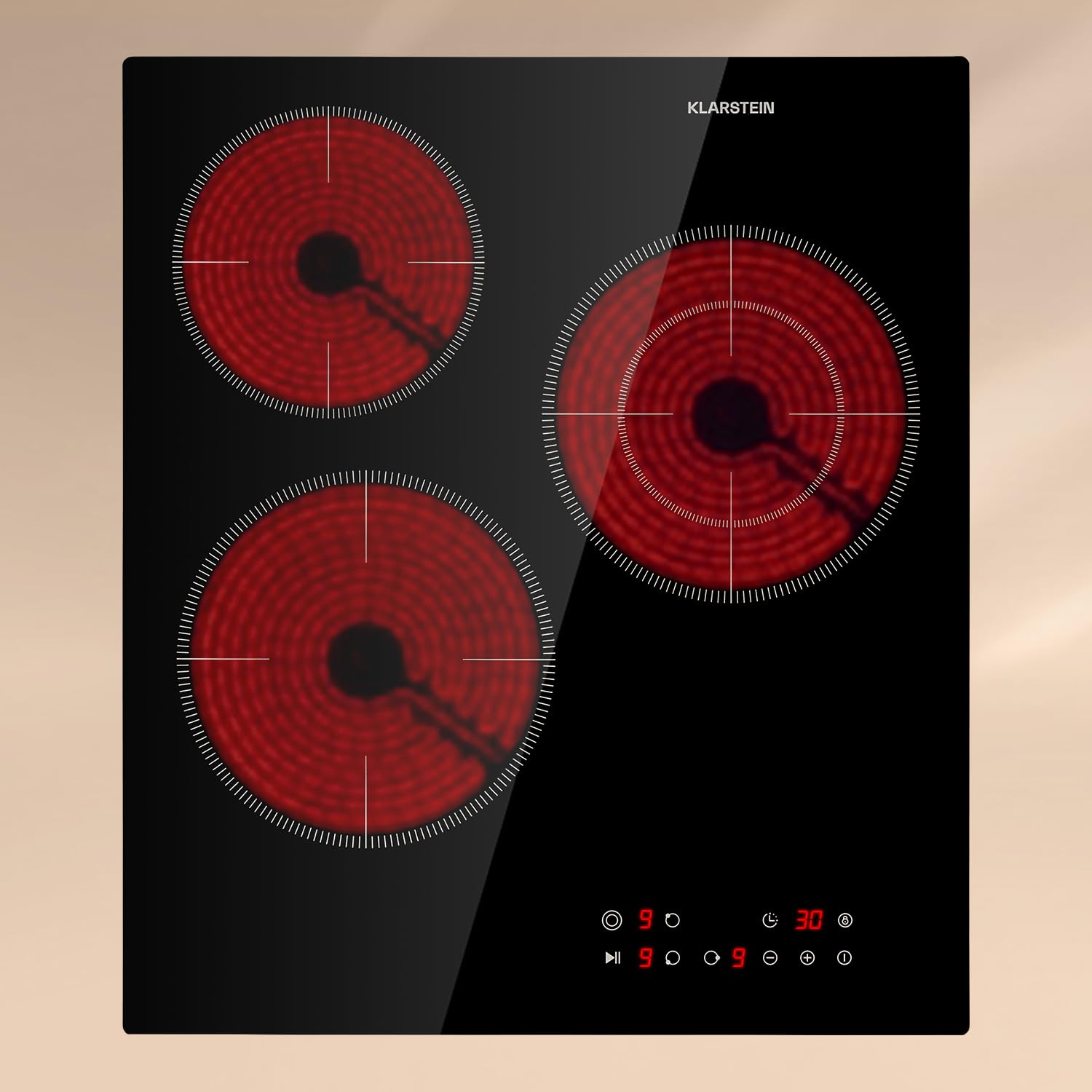 KLARSTEIN Virtuosa - Piano Cottura in Vetroceramica, Autonomo, Zone Doppia, 9 Livelli, Timer, Telaio in Acciaio Inox, Timer, Sicura per Bambini, 3 Zone, Nero