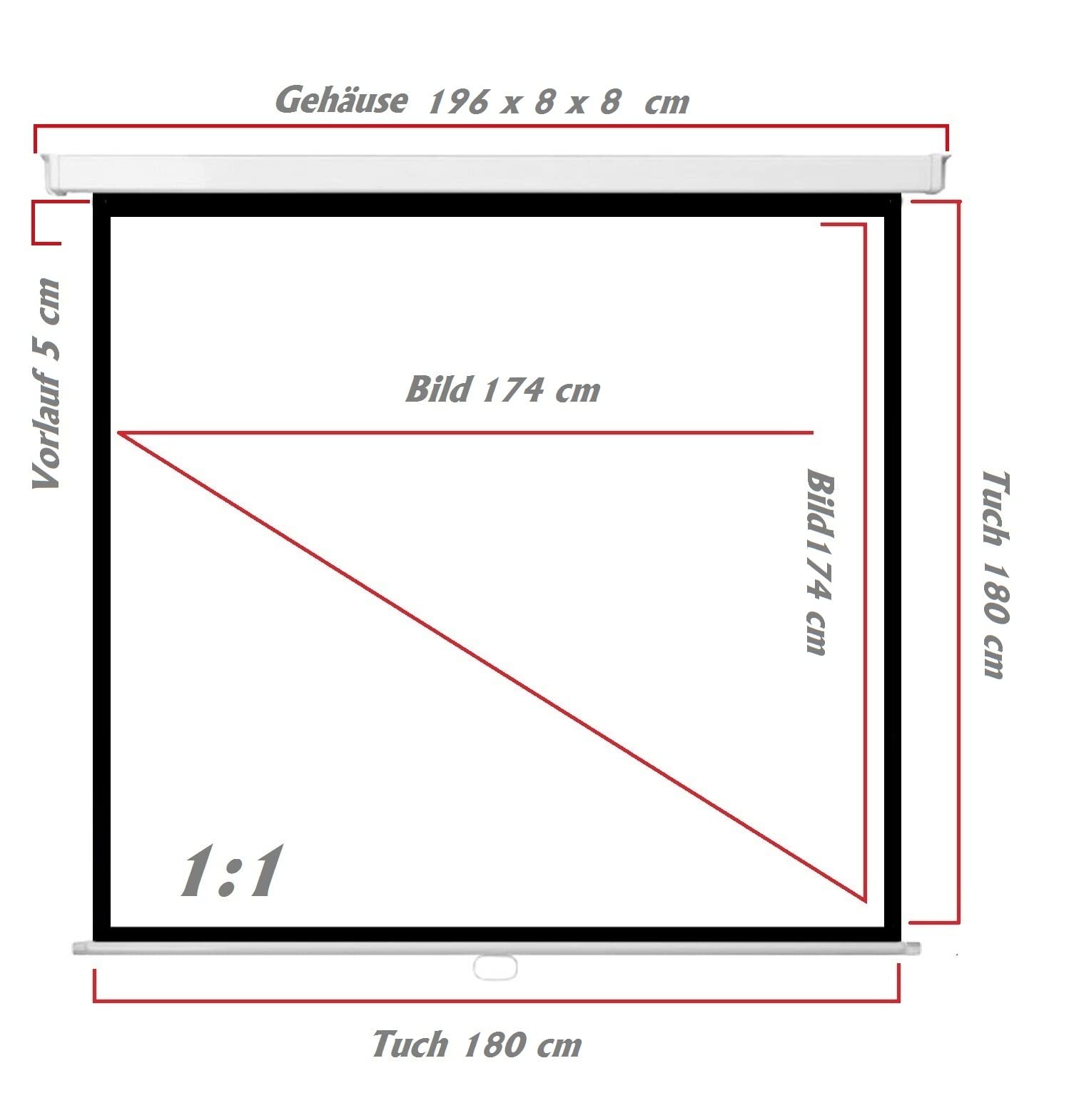 Alphavision SlenderLine Beamer Rolloleinwand 180 x 180 cm | Format 1:1 | 1,2 Gain | Full-HD 4K 8K & 2D/3D geeignet | manuelle Rolloleinwand für Heimkino und Präsentation | 4-Kant Gehäuse