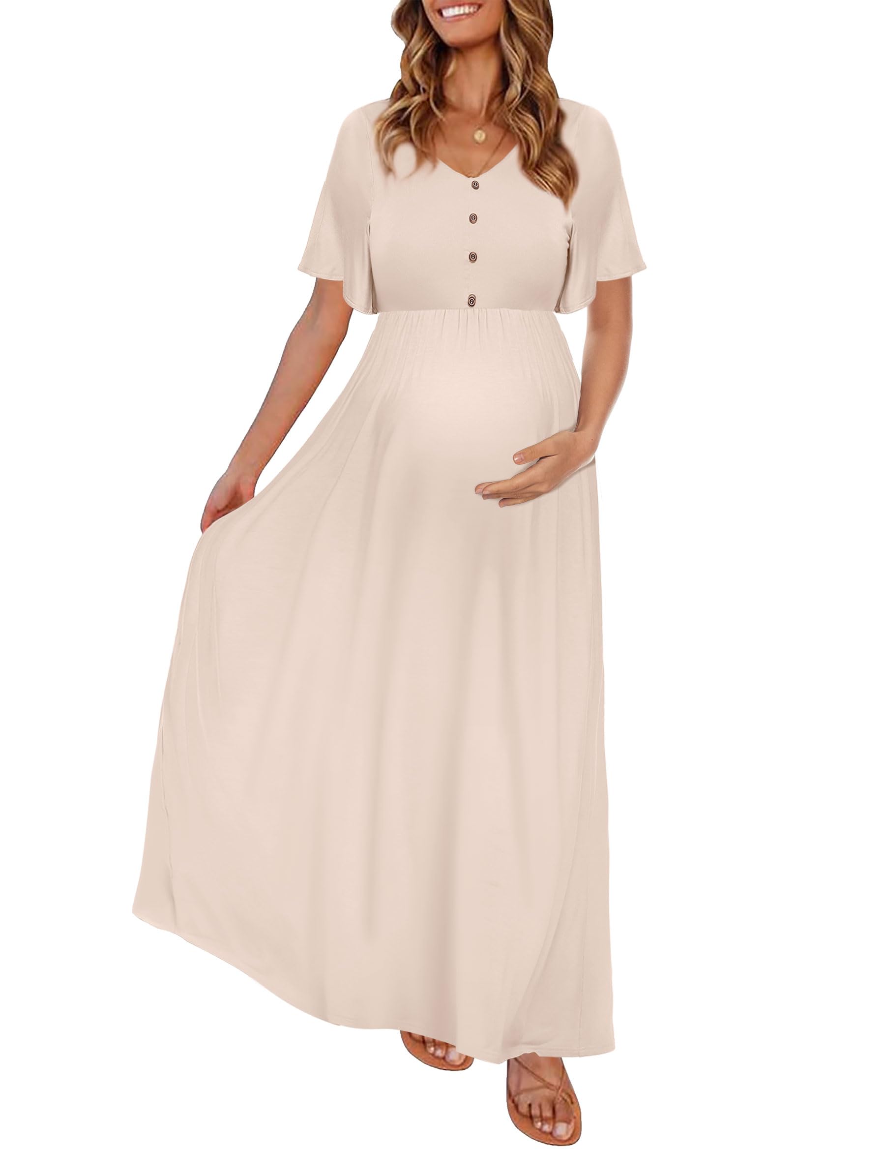 Peauty Fall Maternity Dresses for Women Maternity Photoshoot Dress with Decorative Button Baby Shower Dress