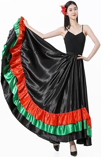Miniatura 2 de Falda larga de baile con volantes para adultos color negro rojo verde falda folclórica para disfraz de flamenco mexicano de Halloween