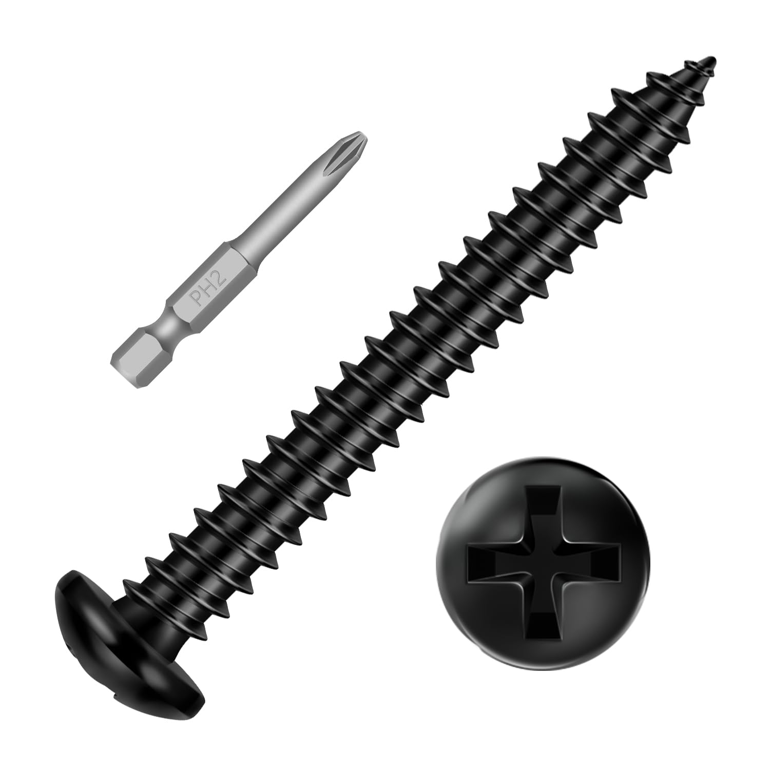 #12 x 1-1/2" (60 PCS) Pan Head Sheet Metal Screws, Round Head Self Tapping Screw, Phillips Drive Wood Screw, Black Coating