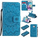 Galaxy S6 Edge Case,Pu Leather Kickstand Wallet Case with Inner Rubber Bumper Cover Full Protective Cover with Card Holder Creative Gift for Birthday Xmas for Samsung Galaxy S6 Edge -Sunflower Blue