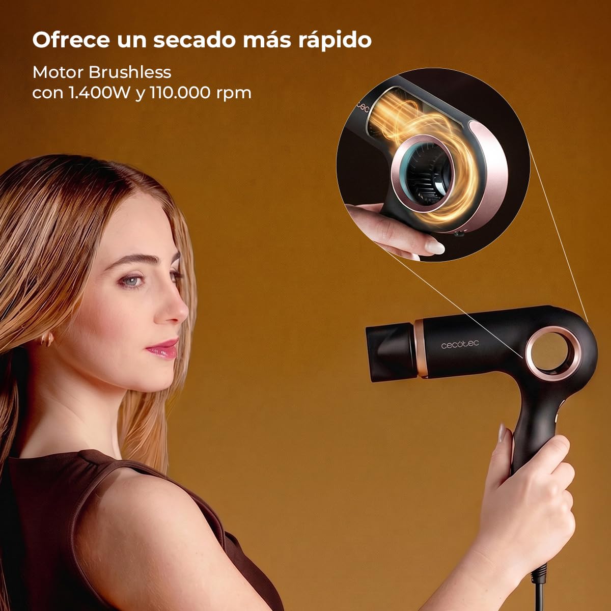 Cecotec Secador de Pelo Iones - 6 Accesorios - DryGlam Waves 6in1 Sensor Black. 1400W, 110000rpm, Tecnología de Sensor de Distancia, Triple Protección Calor, Memoria, 3 Velocidades y 5 Temperaturas
