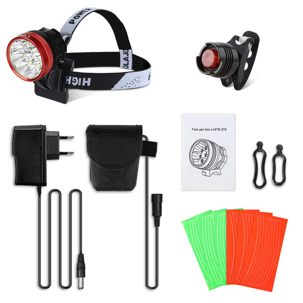 GHB Foco Bicicleta Luces para Bicicleta Impermeable IPX-5 9LED T6 15000LM con Batería y Cargador