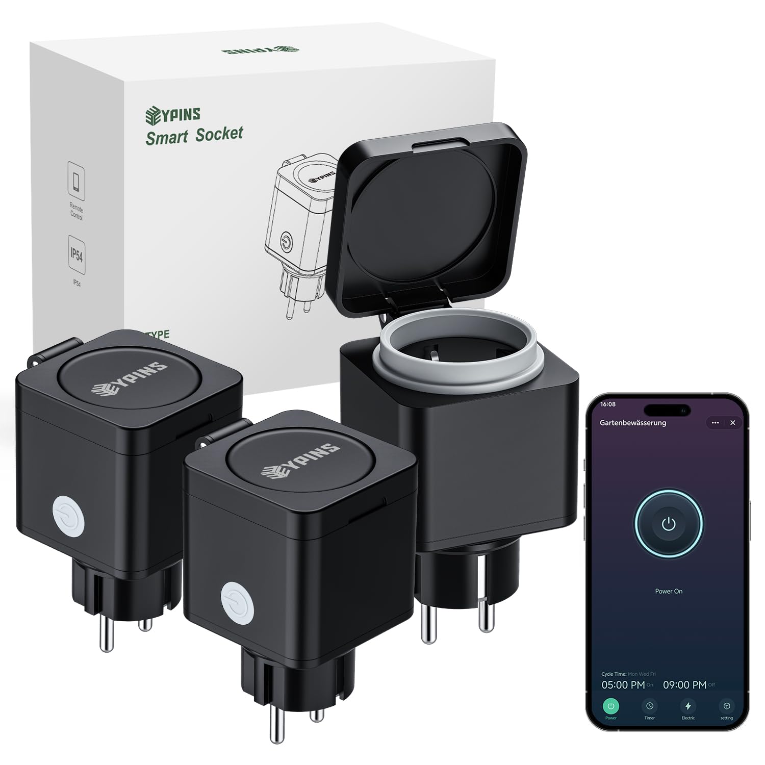 EYPINS WLAN-Steckdose Outdoor IP54, Smart Außensteckdose 3680W/16A 3er-Pack
