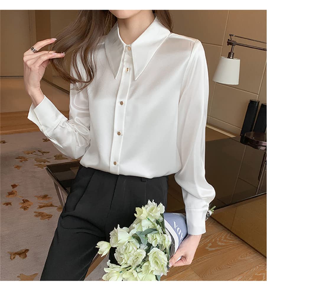 Chemise à Revers à Manches Longues pour Femmes Blouses en Satin Ample décontractées Femme Affaires Travail Chemise en Soie Formelle