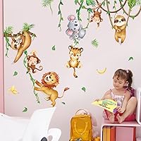 Vista 5 de Amaonm - Calcomanía de pared removible de koala, león, mono, plantas trepadoras, vides, animales que juegan con hojas verdes, murales, decoración